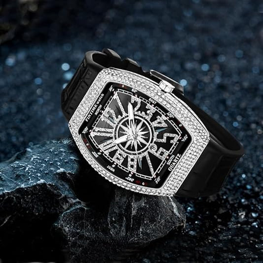 Men’s Skull Big Face Rectangle Watch – Punk Diamond Dial Quartz Sports Watch with Leather Strap & date