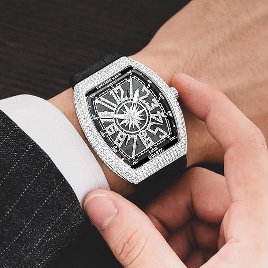 Men’s Skull Big Face Rectangle Watch – Punk Diamond Dial Quartz Sports Watch with Leather Strap & date