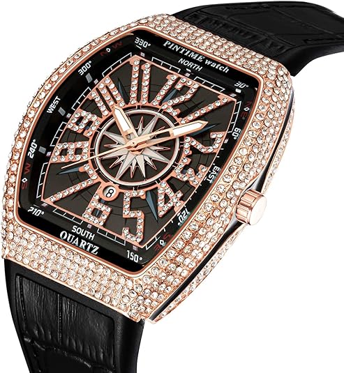 Luxury Rose Gold Men’s Tonneau Watch Iced Out Diamond Crystal Bling Hip Hop Rapper Style with Black Dial