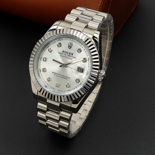 Luxury Rolex-Inspired Diamond Watch for Men | Premium Silver Timepiece with Date Display