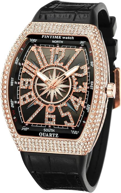 Luxury Rose Gold Men’s Tonneau Watch  Iced Out Diamond Crystal Bling Hip Hop Rapper Style with Black Dial