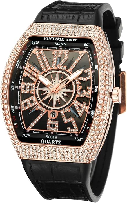Luxury Rose Gold Men’s Tonneau Watch  Iced Out Diamond Crystal Bling Hip Hop Rapper Style with Black Dial