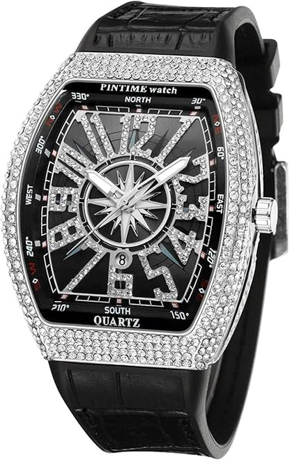 Men’s Skull Big Face Rectangle Watch – Punk Diamond Dial Quartz Sports Watch with Leather Strap & date