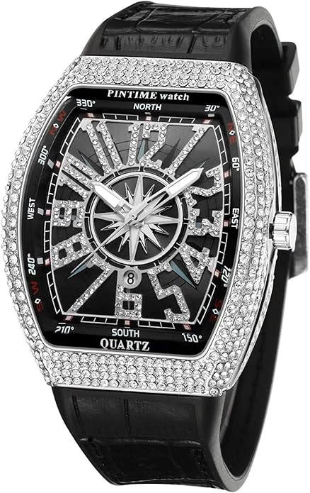 Men’s Skull Big Face Rectangle Watch – Punk Diamond Dial Quartz Sports Watch with Leather Strap & date