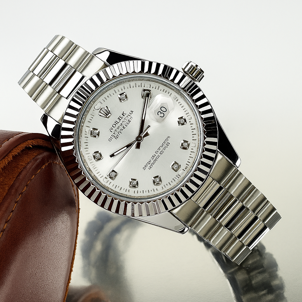 Luxury Rolex-Inspired Diamond Watch for Men | Premium Silver Timepiece with Date Display