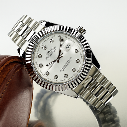 Luxury Rolex-Inspired Diamond Watch for Men | Premium Silver Timepiece with Date Display